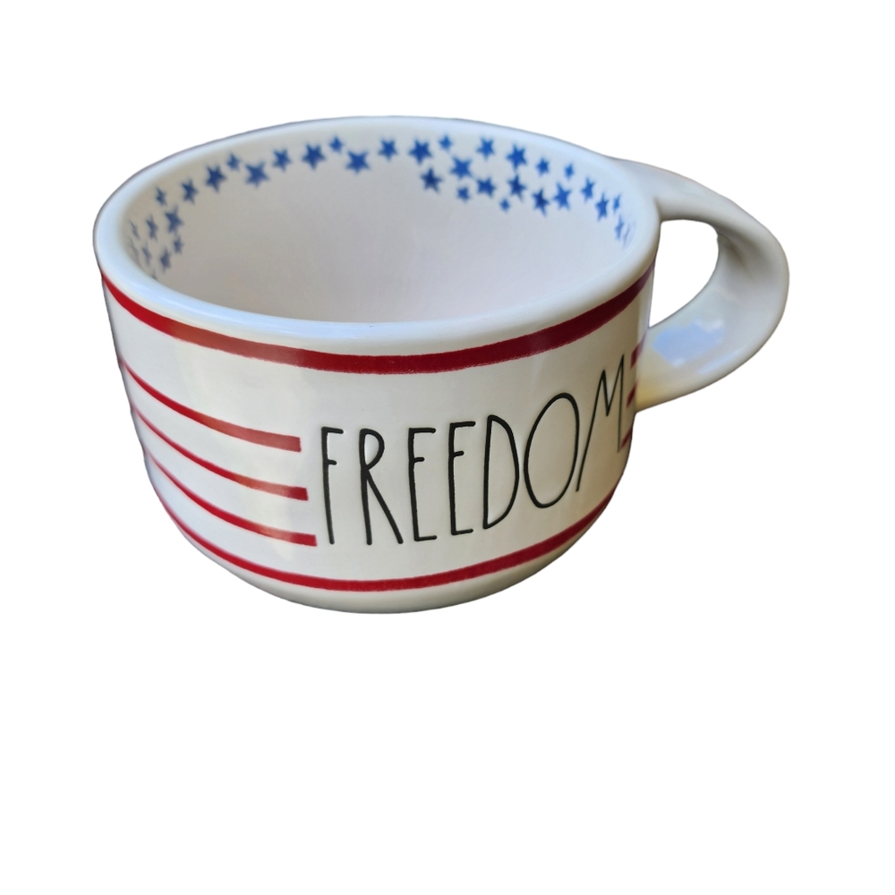 Rae Dunn Ceramic Freedom Stars Stripes Soup Cup Mug New Red White Blue